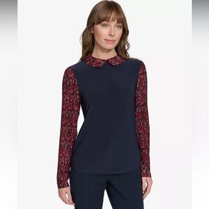 NWT Tommy Hilfiger Navy Collared Pleated Red Floral Sleeved Top